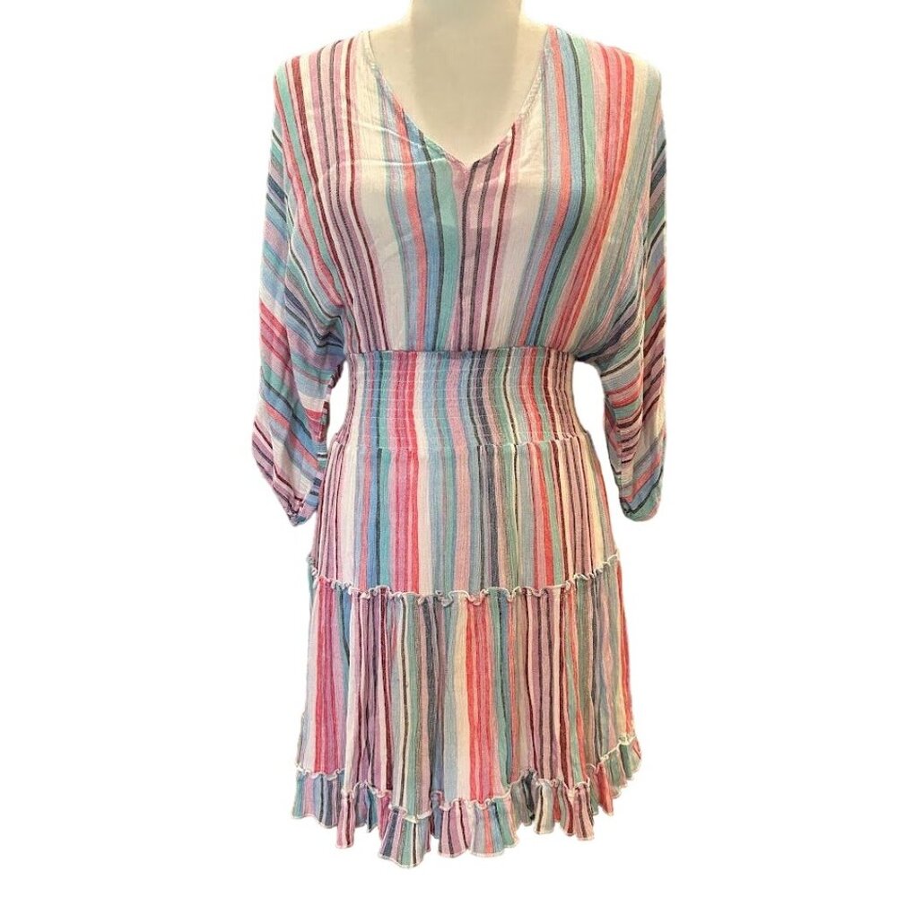 La Miel‎ Womens Striped V-Neck Dress Size S With 3/4 Sleeves & Ruffle Hem